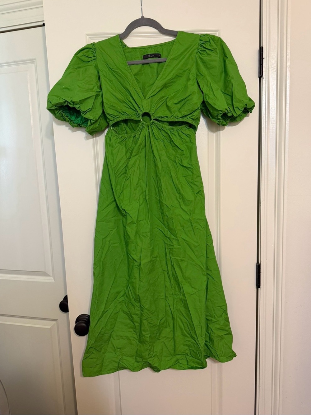 Deluc Bright Green Puff-Sleeve Midi Dress with Ring Front